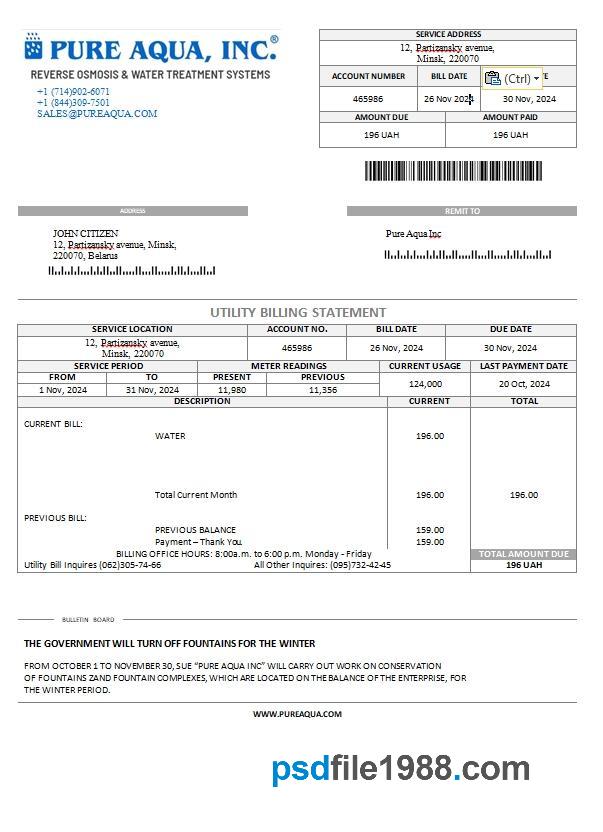 Belarus Pure Aqua Inc. Utility Bill